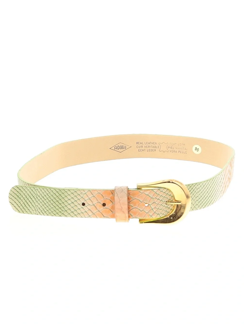 Vintage Orange Green Snake Effect Print Genuine Leather Belt Metal Gold Buckle